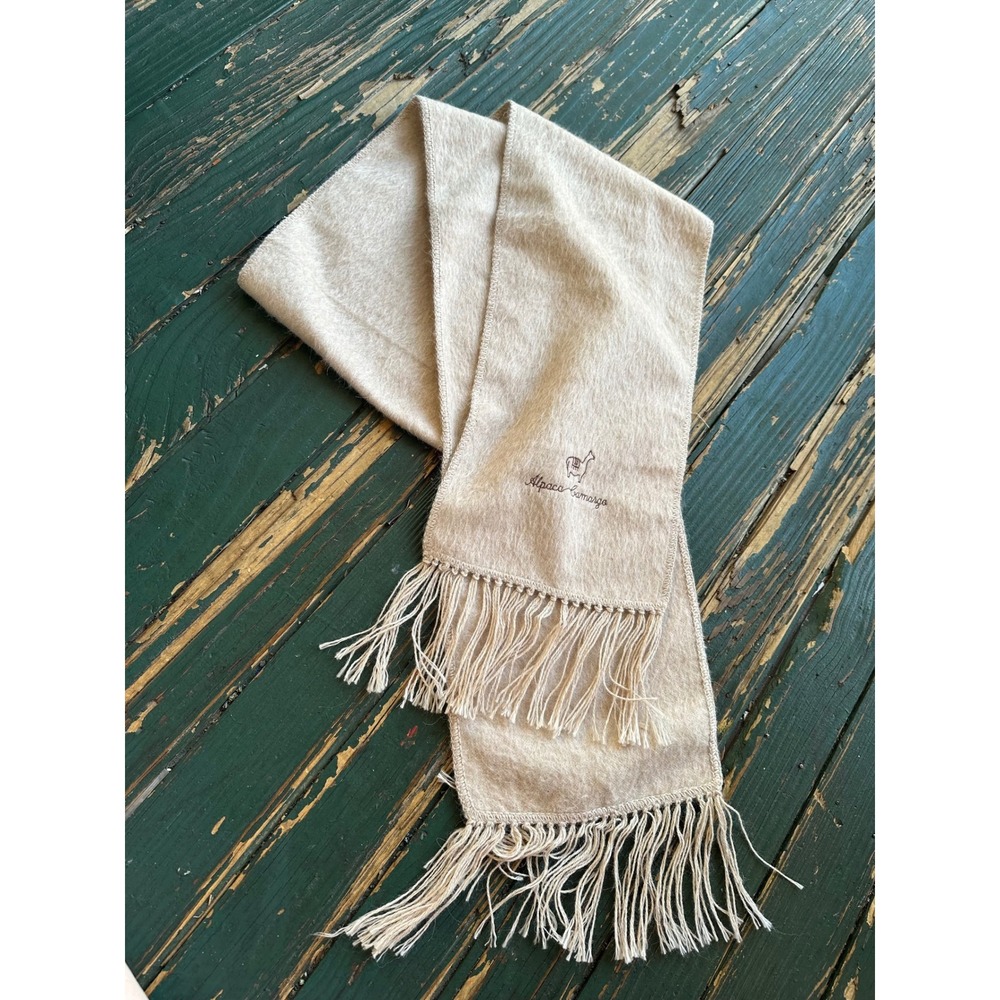 Alpaca Camargo Beige Wool Fringe Scarf Oatmeal Tan Embroidered Logo Accessory
